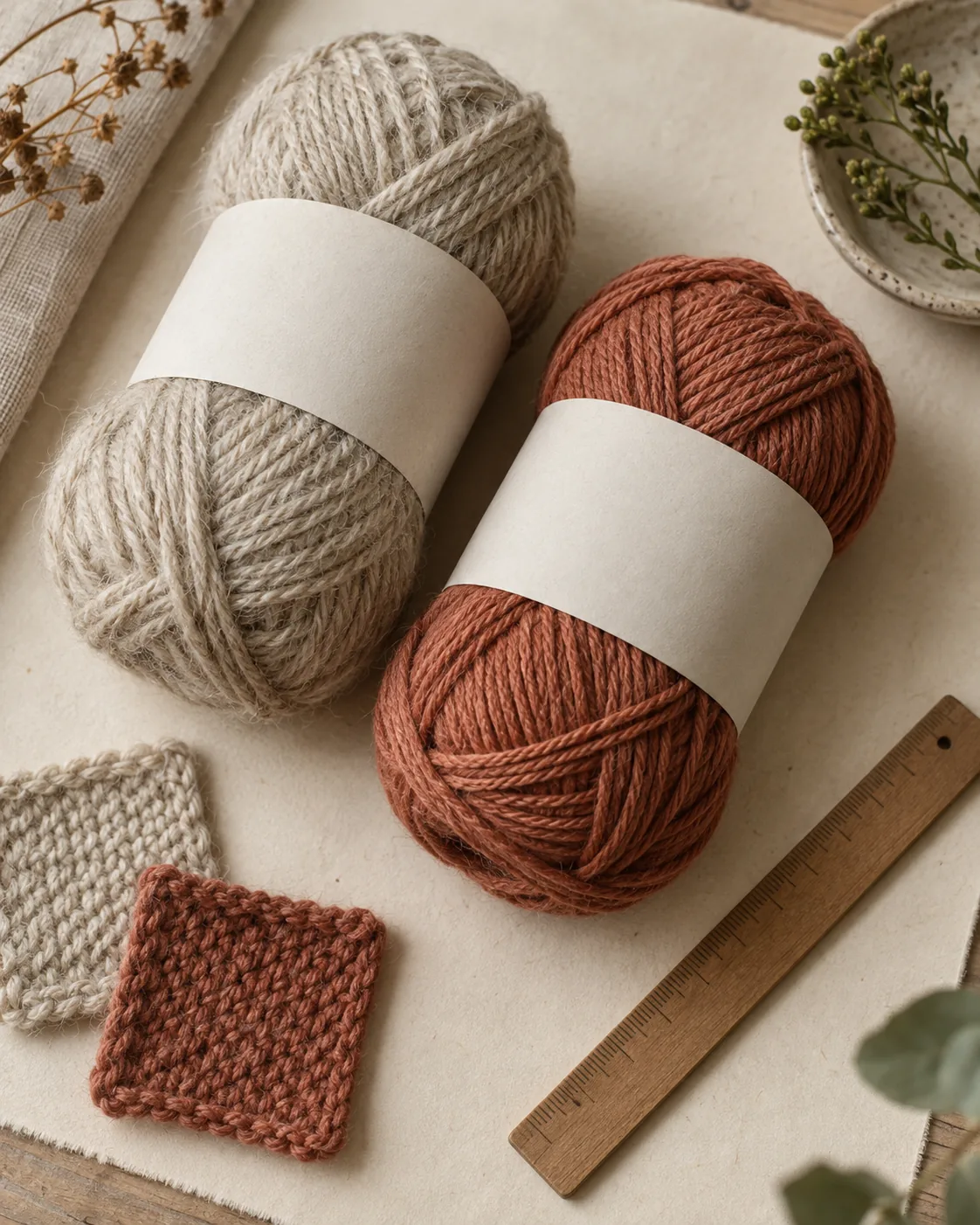 Two skeins with blank paper bands beside two knitted swatches and a wooden ruler